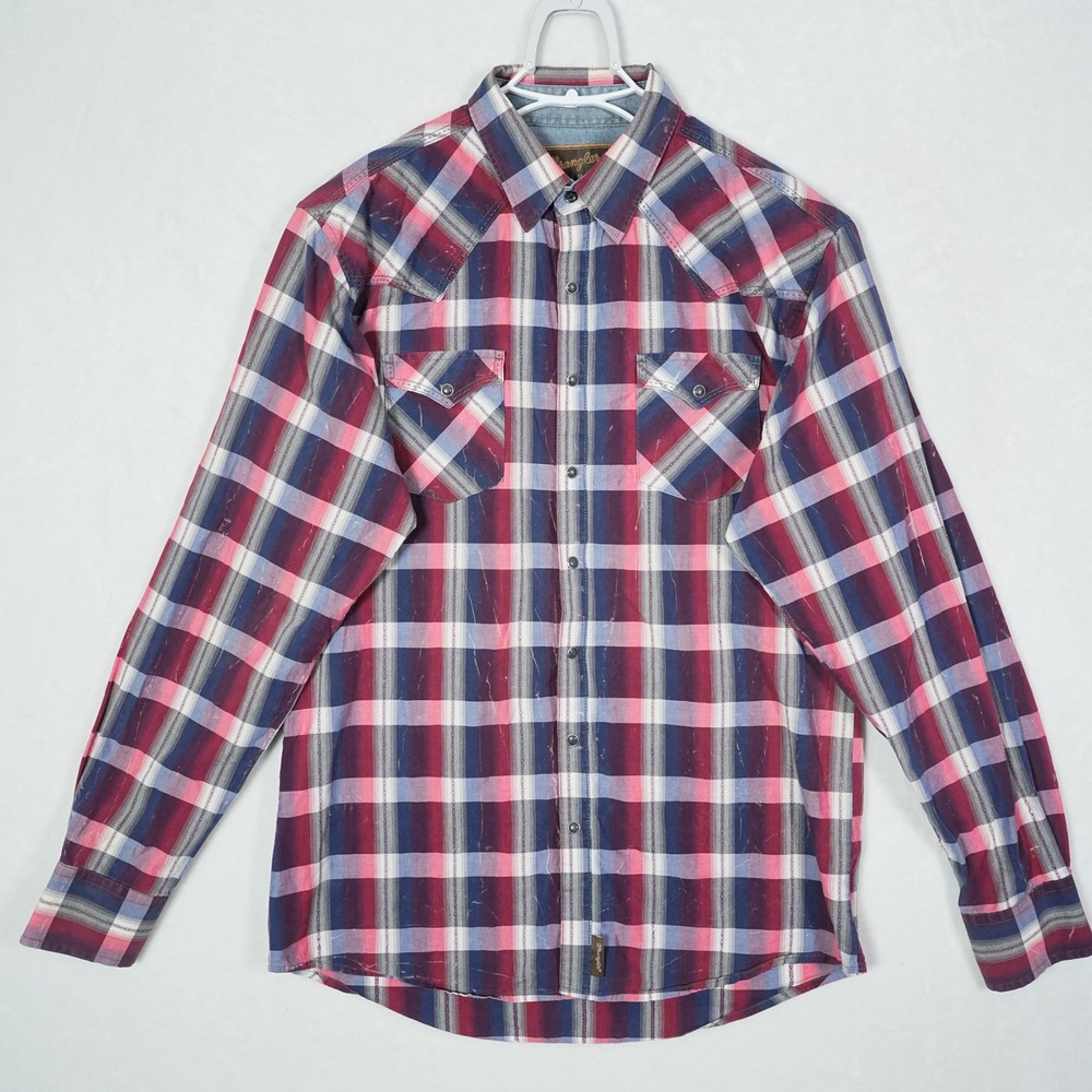 Wrangler Retro Mens LT Tall Western Plaid Snap Long Sleeve Shirt Burgundy Cowboy